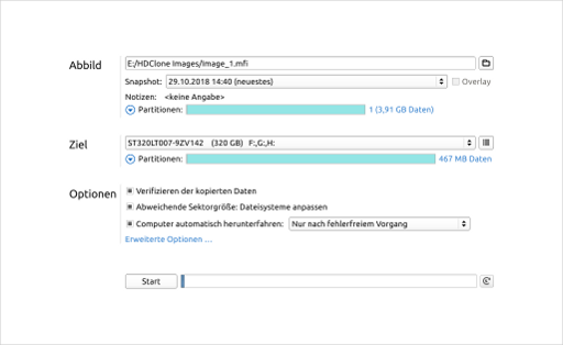 Restore - Hauptbildschirm