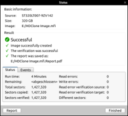 Example of imaging process results in the Progress and Status indicator