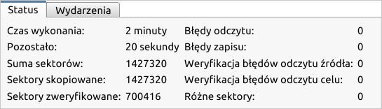 Przykład informacji o stanie podczas aktywnego procesu