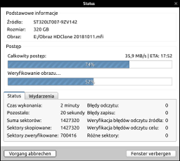 Przykład wskaźnika postępu i stanu podczas aktywnego procesu tworzenia obrazu