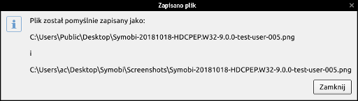 Wyskakujące okno przedstawiające ścieżkę oraz nazwę pliku zrzutu ekranu