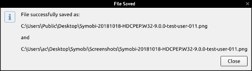Popup showing the file path and file name of the screenshot