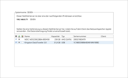 Hauptbildschirm der NetDisk-Server App
